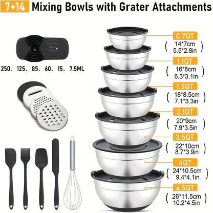 16-Piece Salad & Mixing Bowl Set – Stainless Steel Lids, Graters & Kitchen Tools
