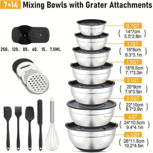 16-Piece Salad & Mixing Bowl Set – Stainless Steel Lids, Graters & Kitchen Tools