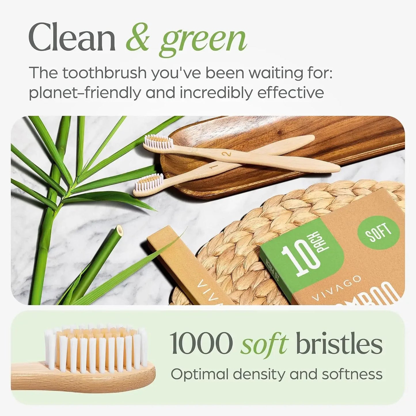 10-Pack Biodegradable Bamboo Toothbrushes, Compostable & Natural Wooden Bristles