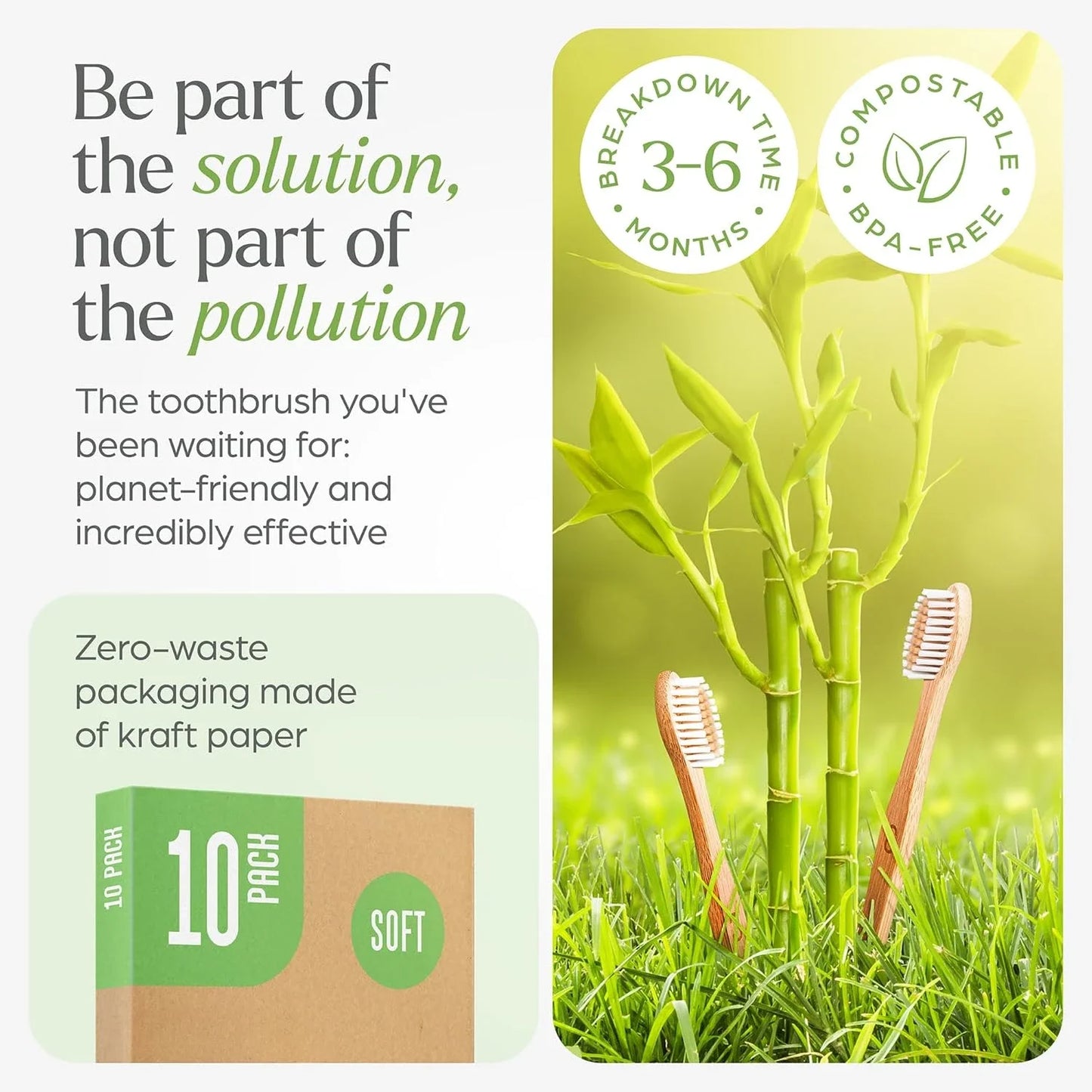 10-Pack Biodegradable Bamboo Toothbrushes, Compostable & Natural Wooden Bristles