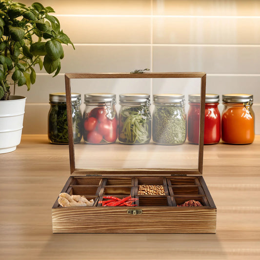 Wooden Spice Box with 12 Removable Compartments, Glass Lid, 1 Wooden Spoon, for Storing Spices or Teas