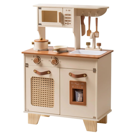 Wooden Play Kitchen for Kids, Pretend Ice Cube Dispenser Toy Kitchen Set