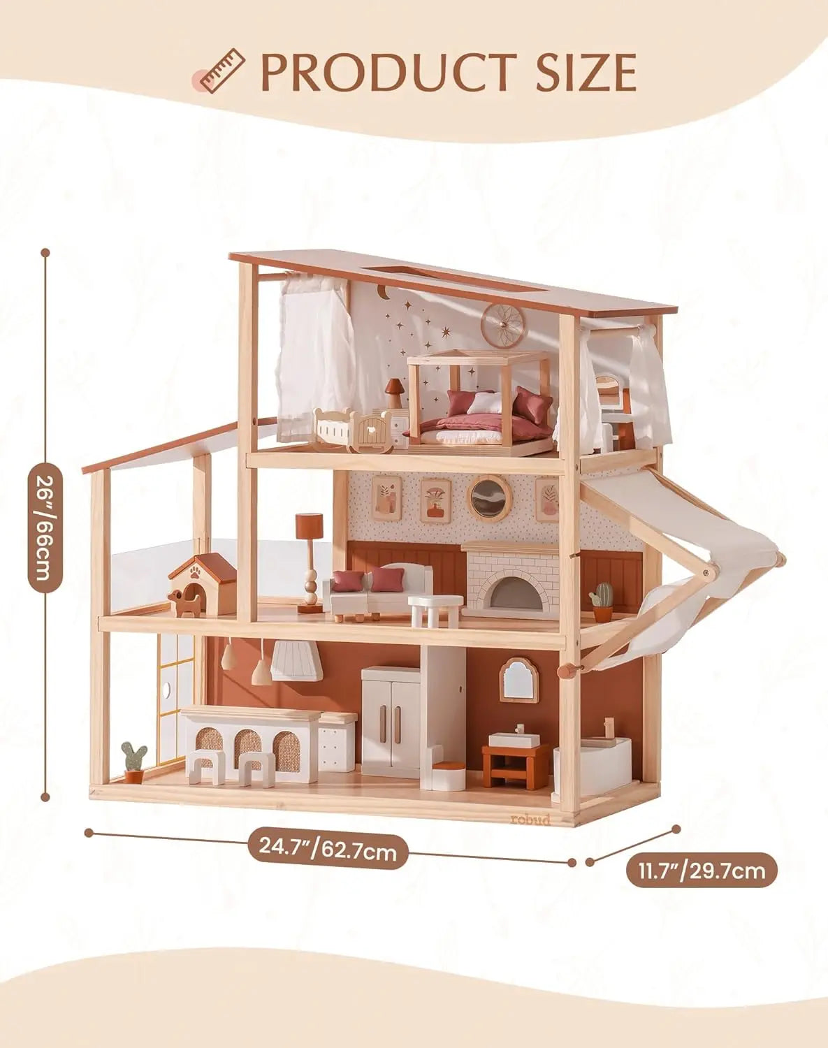 Wooden Dollhouse – 6 Rooms, 29 Accessories – Kids Gift for Ages 3+