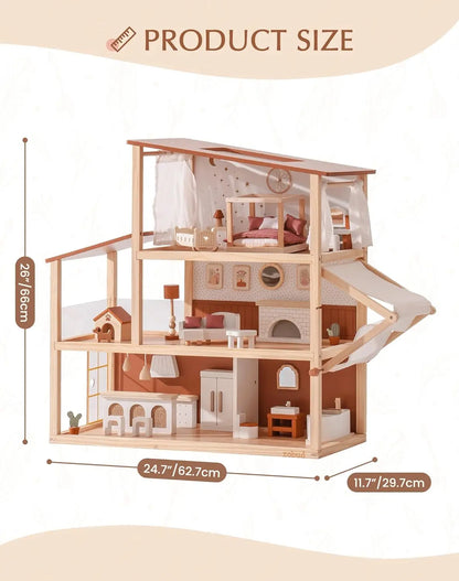 Wooden Dollhouse – 6 Rooms, 29 Accessories – Kids Gift for Ages 3+