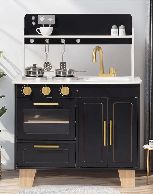 Kids Wooden Play Kitchen, Modern Toy Kitchen with Marble Countertop for Toddlers