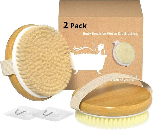 2-pack bamboo dry body brush, shower brush, wet and dry brush, cellulite and lymphatic dry brush body scrubber
