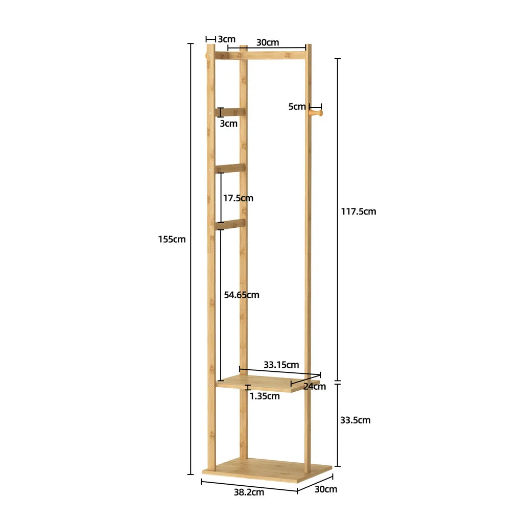 Bamboo Clothes Rack with Shoe Shelf & Hooks – Freestanding Garment Hanger Organizer