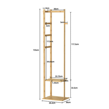 Bamboo Clothes Rack with Shoe Shelf & Hooks – Freestanding Garment Hanger Organizer