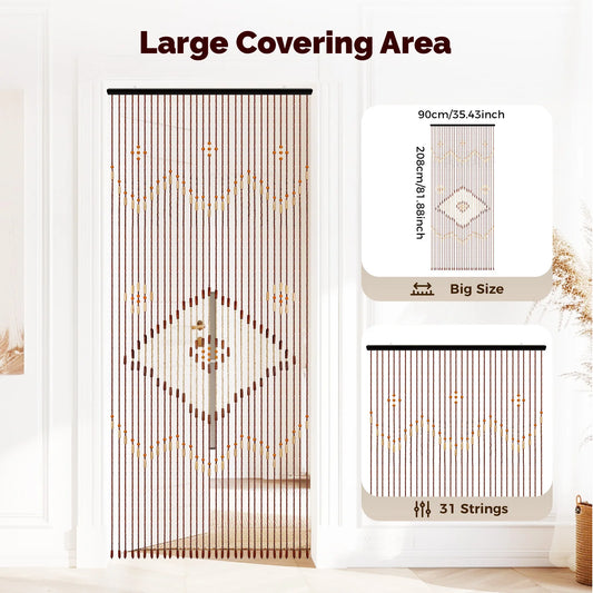 Retro Wooden Door Curtain Natural Bamboo Beaded String Hanging Doorway Divider 35*82"
