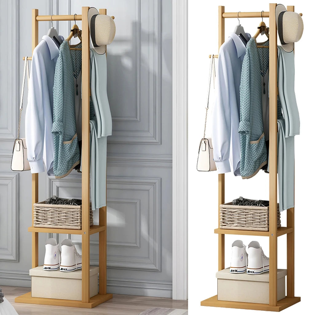 Bamboo Clothes Rack with Shoe Shelf & Hooks – Freestanding Garment Hanger Organizer