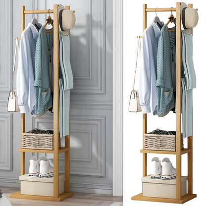 Bamboo Clothes Rack with Shoe Shelf & Hooks – Freestanding Garment Hanger Organizer