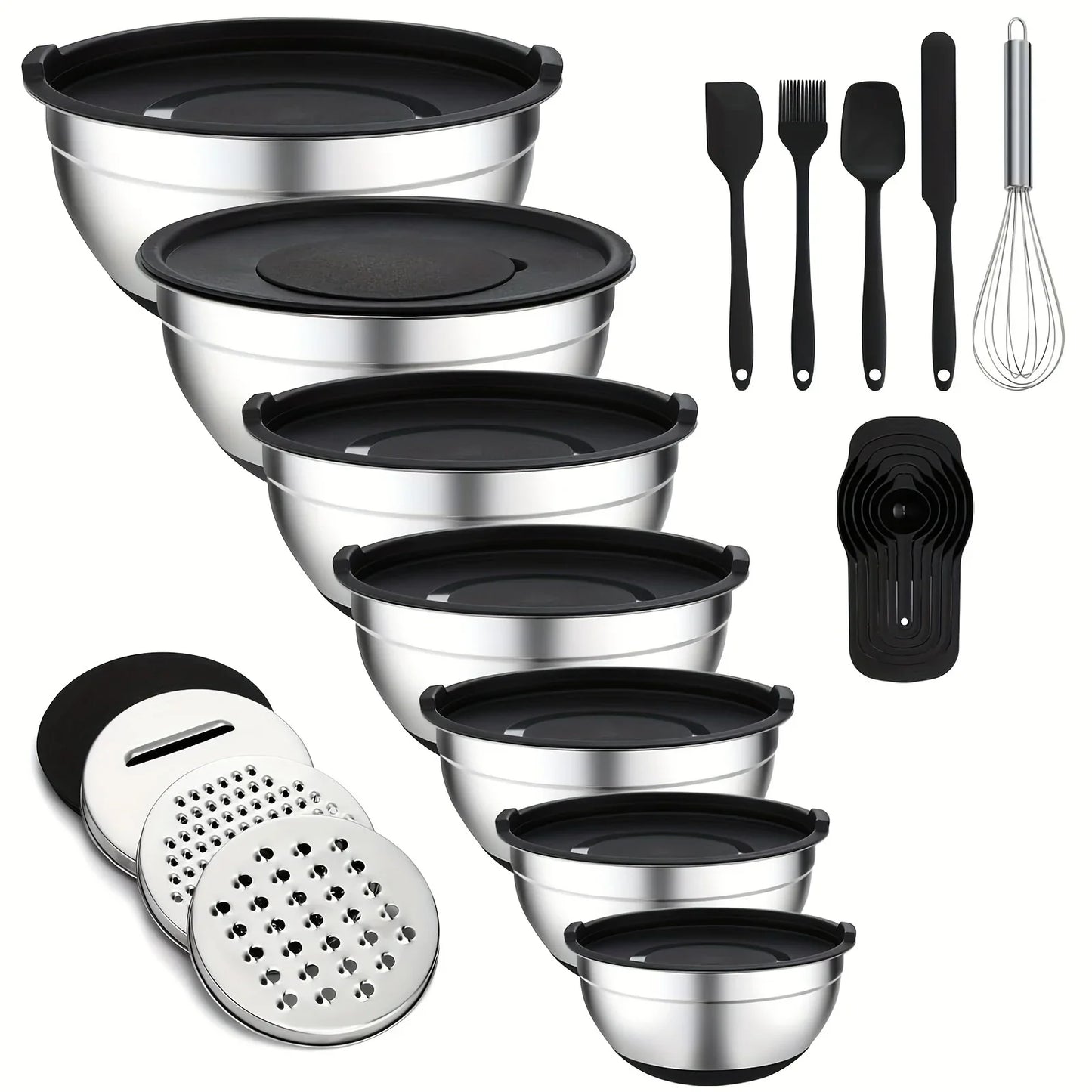 16-Piece Salad & Mixing Bowl Set – Stainless Steel Lids, Graters & Kitchen Tools