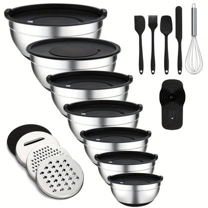 16-Piece Salad & Mixing Bowl Set – Stainless Steel Lids, Graters & Kitchen Tools
