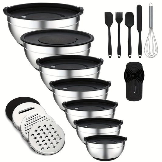16-Piece Salad & Mixing Bowl Set – Stainless Steel Lids, Graters & Kitchen Tools