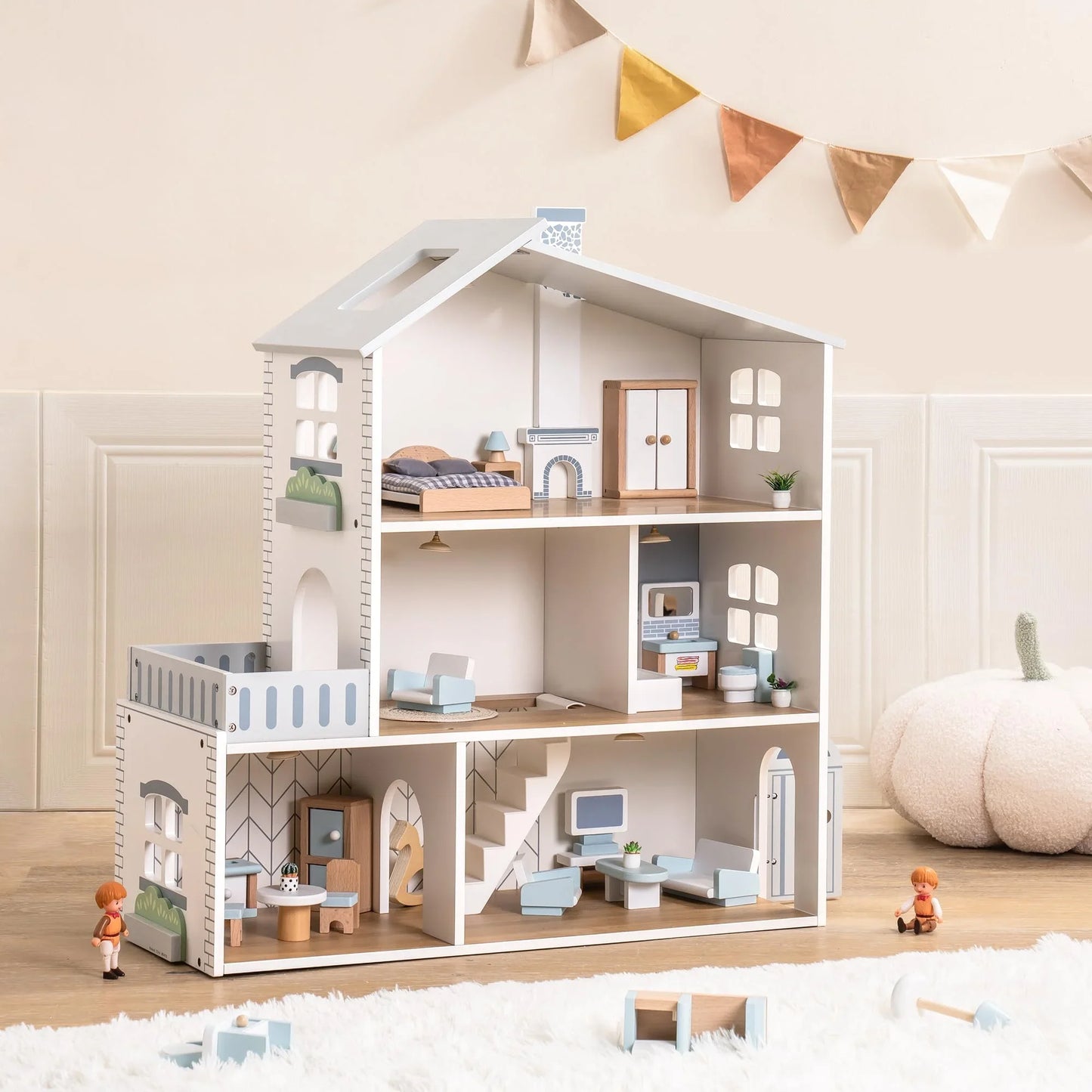 Wooden Dollhouse – 6 Rooms, 29 Accessories – Kids Gift for Ages 3+