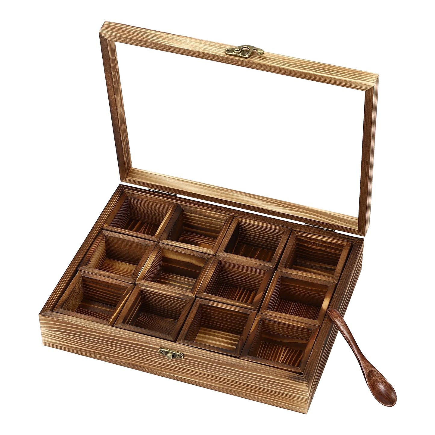 Wooden Spice Box with 12 Removable Compartments, Glass Lid, 1 Wooden Spoon, for Storing Spices or Teas