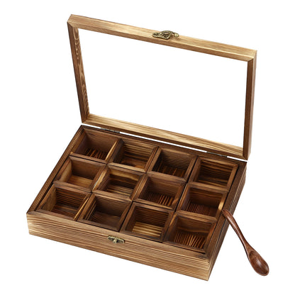 Wooden Spice Box with 12 Removable Compartments, Glass Lid, 1 Wooden Spoon, for Storing Spices or Teas