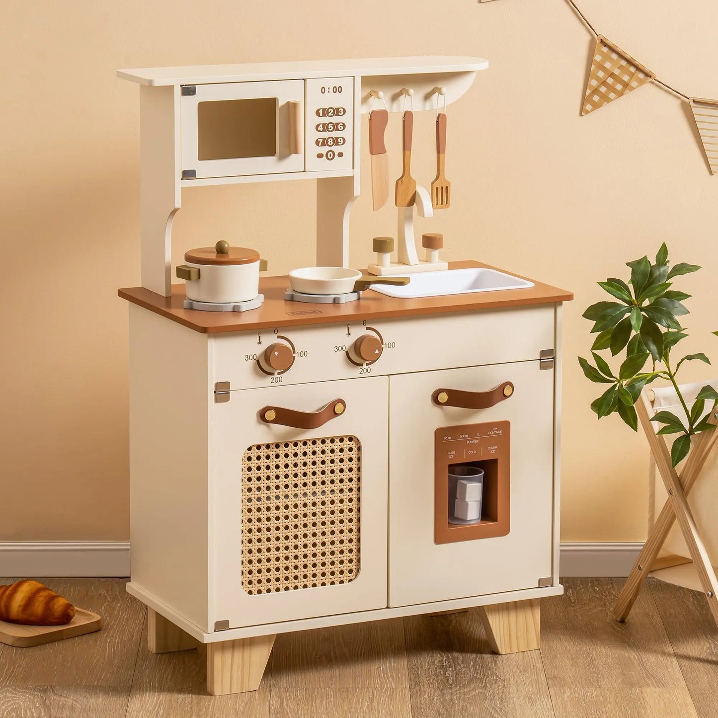 Wooden Play Kitchen for Kids, Pretend Ice Cube Dispenser Toy Kitchen Set