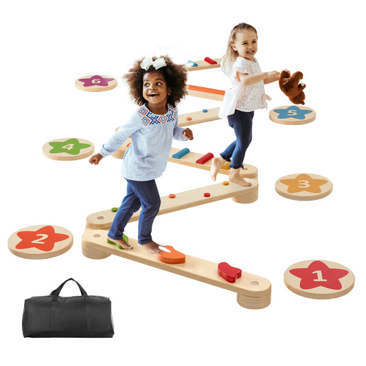 6-Piece Wooden Balance Beam Stepping Stones, Indoor/Outdoor Montessori Toy for Kids