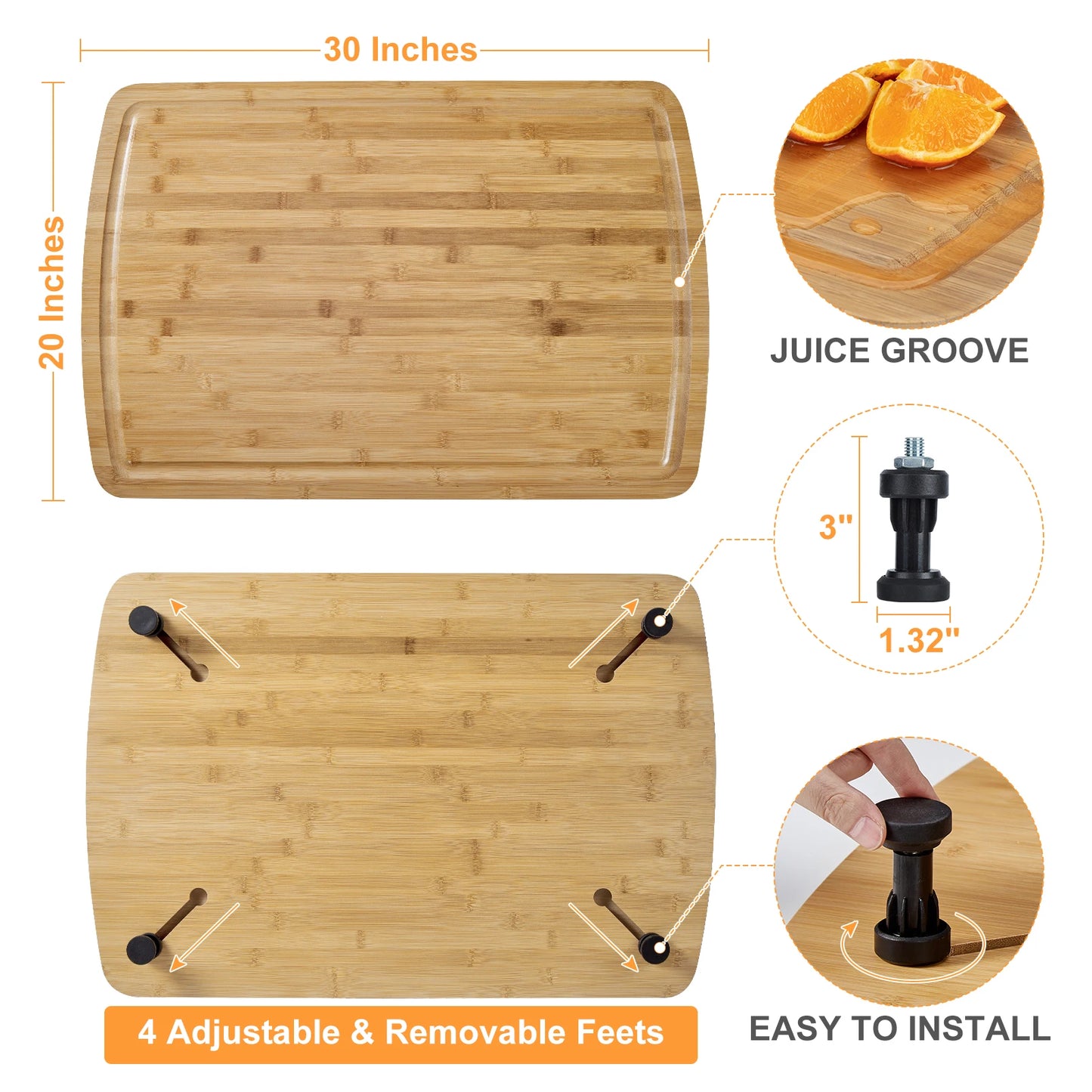 Bamboo Noodle Board, Cutting & Countertop Tray, Stove Cover with Removable Legs –