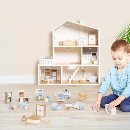 Wooden Dollhouse – 6 Rooms, 29 Accessories – Kids Gift for Ages 3+