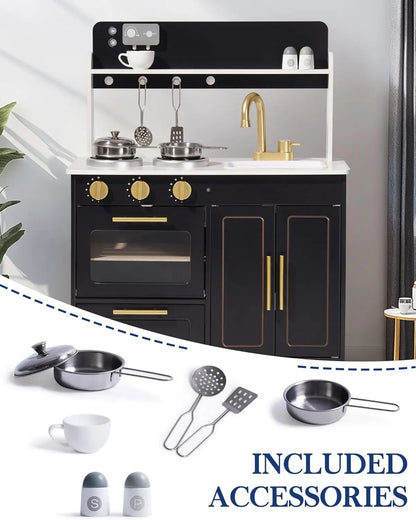 Kids Wooden Play Kitchen, Modern Toy Kitchen with Marble Countertop for Toddlers