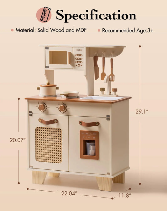 Wooden Play Kitchen for Kids, Pretend Ice Cube Dispenser Toy Kitchen Set