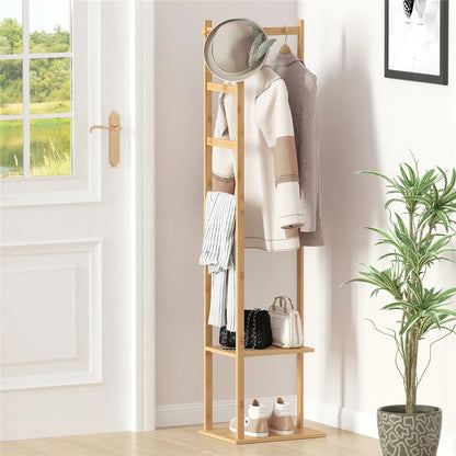 Bamboo Clothes Rack with Shoe Shelf & Hooks – Freestanding Garment Hanger Organizer
