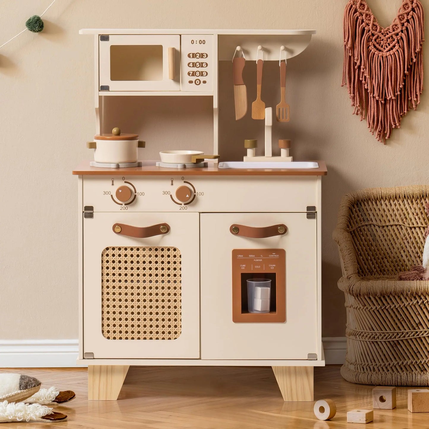 Wooden Play Kitchen for Kids, Pretend Ice Cube Dispenser Toy Kitchen Set