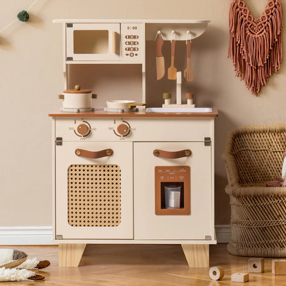 Wooden Play Kitchen for Kids, Pretend Ice Cube Dispenser Toy Kitchen Set