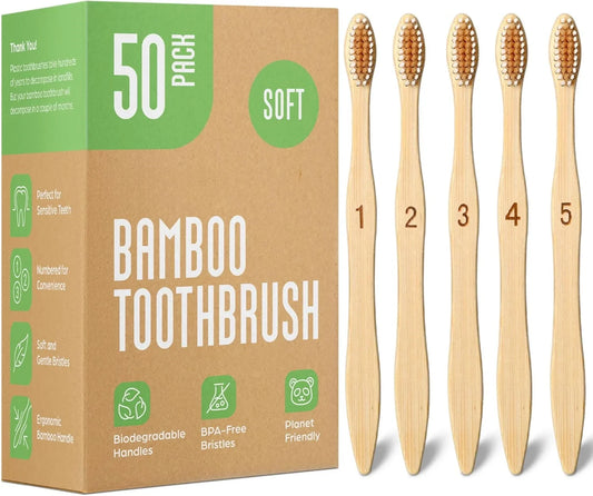 10-Pack Biodegradable Bamboo Toothbrushes, Compostable & Natural Wooden Bristles