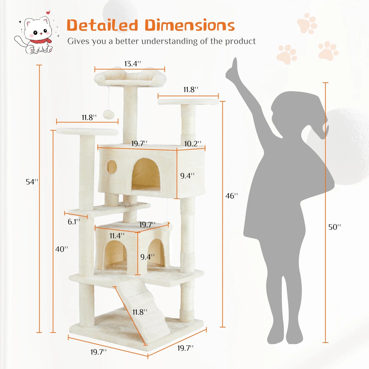Tall Multi-Level Cat Tree Tower for Indoor Pet Furniture Stable Kitty Play House 54 inc