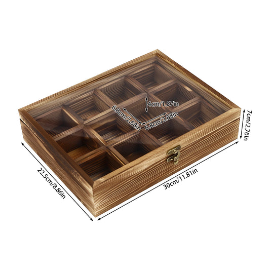 Wooden Spice Box with 12 Removable Compartments, Glass Lid, 1 Wooden Spoon, for Storing Spices or Teas