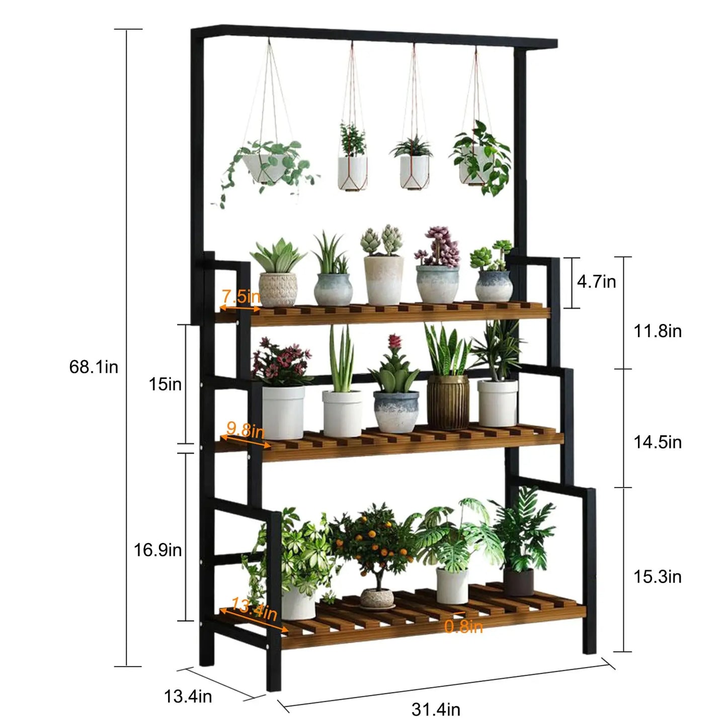 3-Tier Hanging Plant Stand with Metal Frame – Tall Indoor Plant Shelf Display
