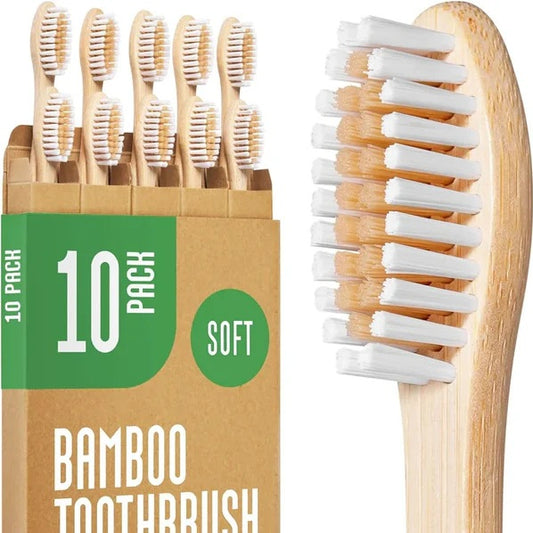 10-Pack Biodegradable Bamboo Toothbrushes, Compostable & Natural Wooden Bristles